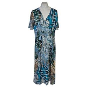 Simply Art Dolcezza Palm Leaf Printed V-Neck Flutter Sleeve Dress, Smocked, L